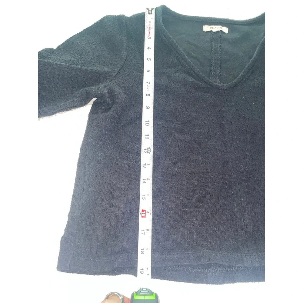 Madewell Black Textured Cotton V-Neck Puff Sleeve Top Womens‎ Medium G2042